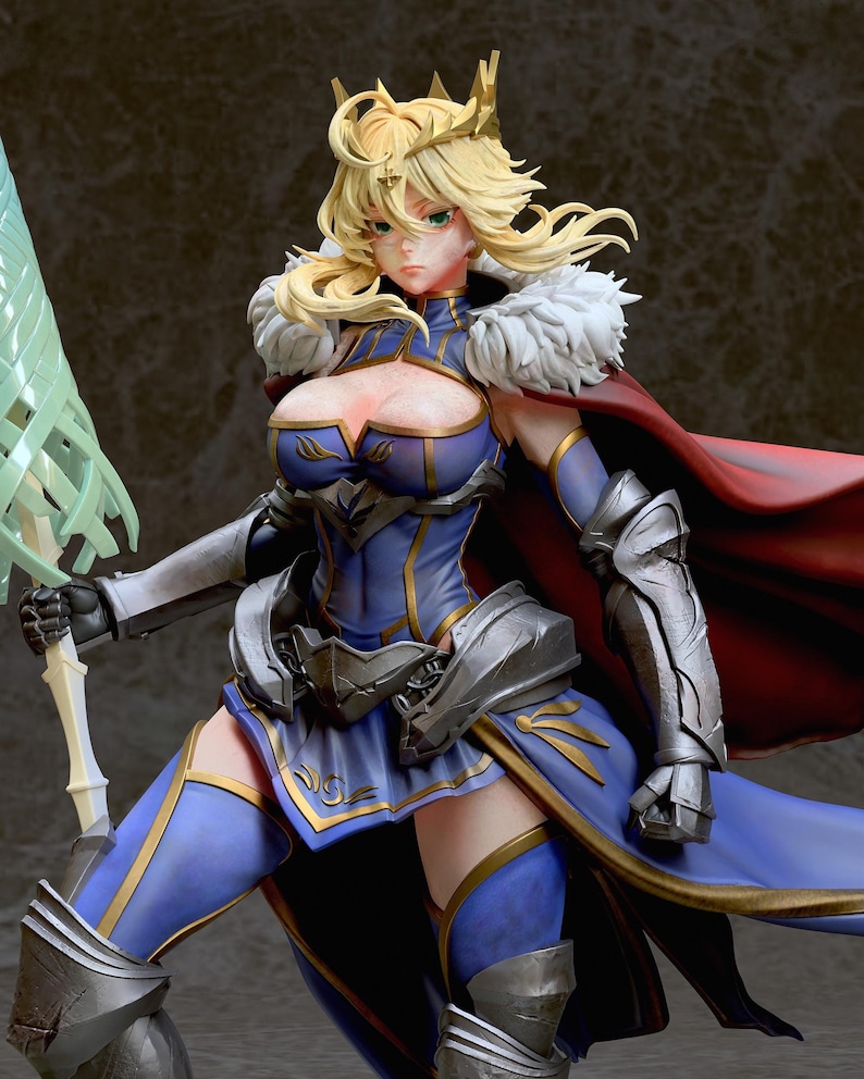 May include: A female figure in a blue and gold dress with a white fur collar and a red cape. She is holding a green and white staff and wearing a gold crown.