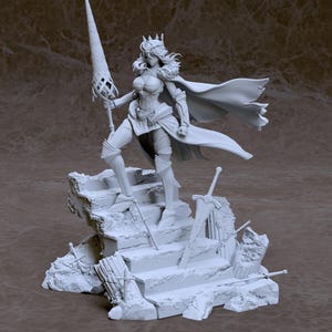 May include: A white painted figurine of a female warrior standing on a broken stone staircase. She is wearing a crown, armor, and a flowing cape. She holds a large spear in her right hand.