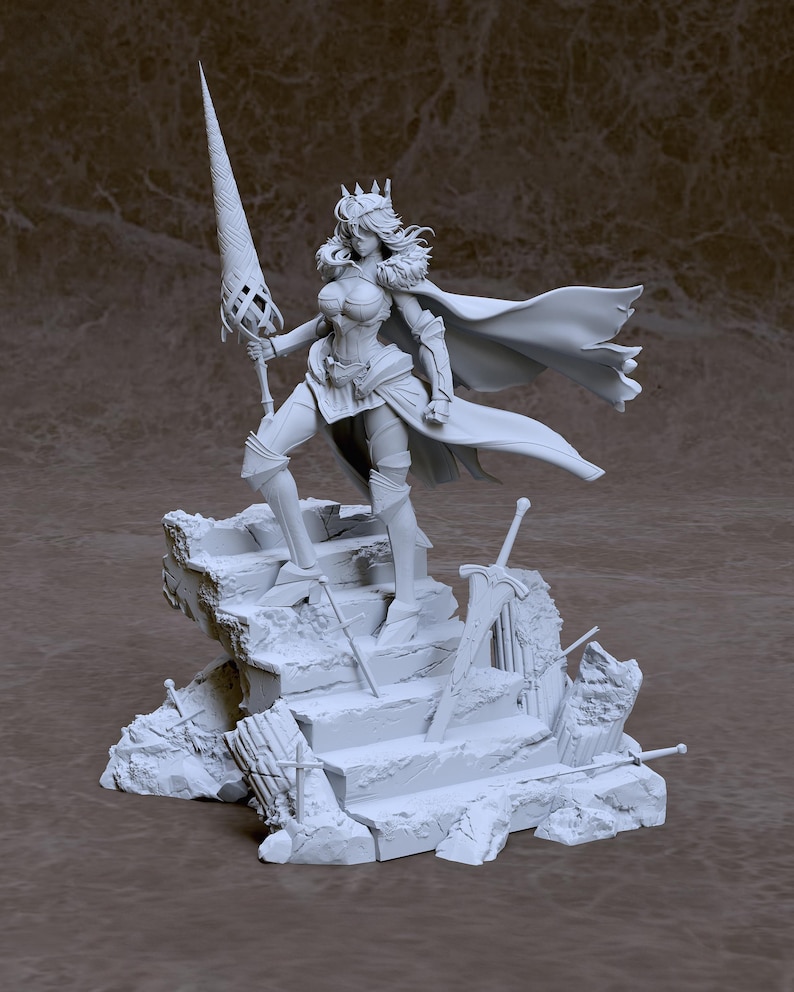 May include: A white painted figurine of a female warrior standing on a broken stone staircase. She is wearing a crown, armor, and a flowing cape. She holds a large spear in her right hand.