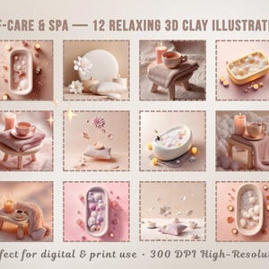 Self-Care & Spa Clipart – 3D Clay-Style Illustrations Bundle | 12 High-Res PNGs + 5 Bonus | Relaxing Aesthetic Graphics for Planners, Prints