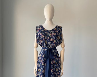 Vintage 1930s Dress 30s Blue Cold Rayon Stencil Painted Floral Print Dress M/L