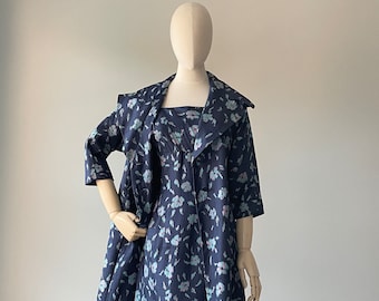 Vintage 1950s Blue Floral Silk Dress Jacket Set by Eleanor Green XS/S small sm s