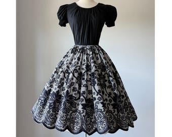 Vintage 1950s Black White Scallop Puff Sleeve Lace Full Skirt Dress SMALL