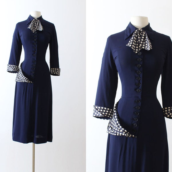 Vintage 1940s 40s Dress | Paul Sachs blue polka dot sash wiggle cocktail dress | xs/s small sm s