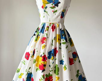 Vintage 1960s White Colorful Floral Cotton Pique Summer Sleeveless Dress XS