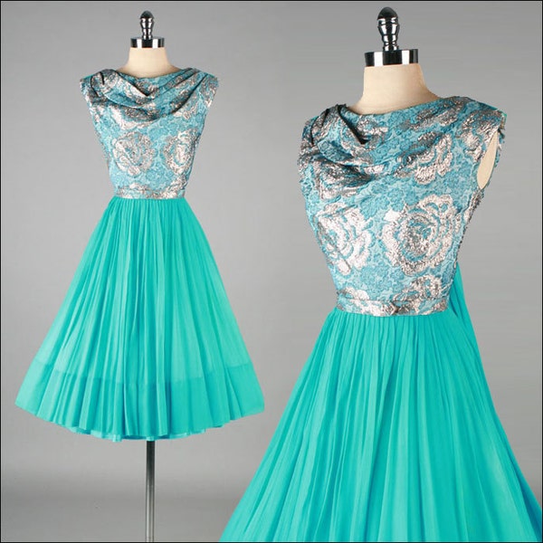 Vintage 1950s Dress . ELINOR GAY . turquoise metallic party dress . 3006