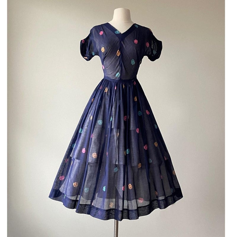 40% SALE /// 1950s Blue Semi Sheer Cotton Rose Print Dress by Lynbrook | XS/S