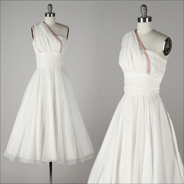 vintage 1950s dress . white chiffon . one shoulder . pink sequins . wedding dress . 4344
