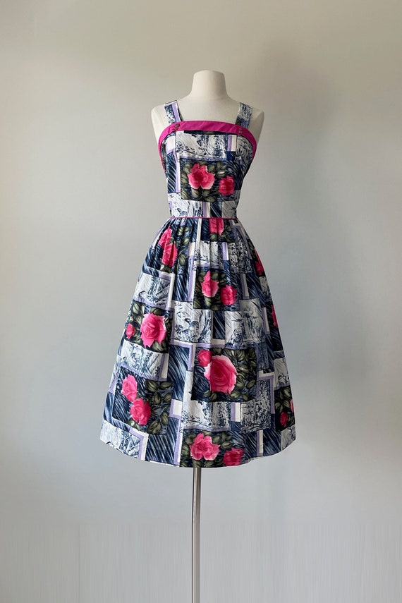 1950s Blue Rose Print Dress | XS