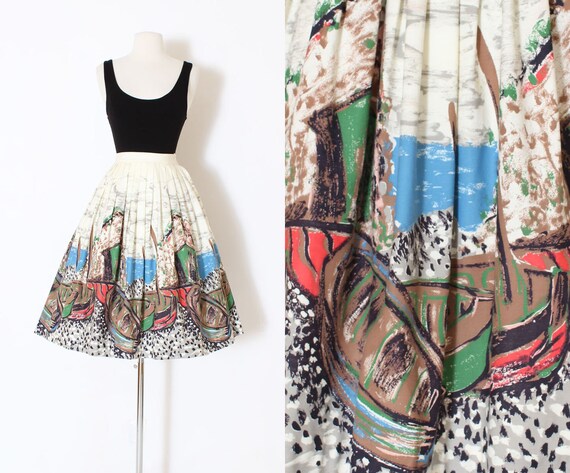 Vintage 1950s 50s Skirt | novelty border print boa