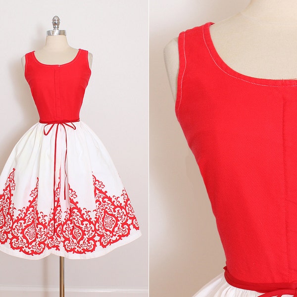 Vintage 50s Dress | vintage Norman 1950s dress | red & white cotton pique med medium | 5829