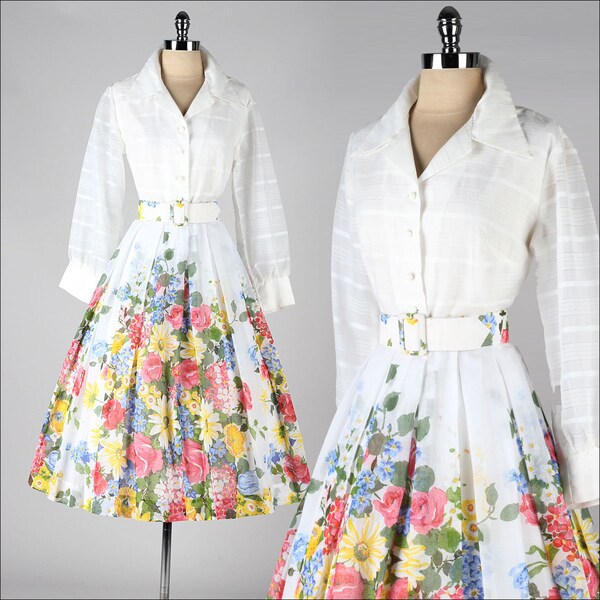 vintage 1950s dress . white cotton . floral shirt dress . 3620