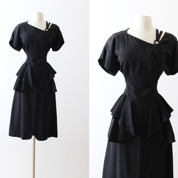 Vintage 1940s 40s Dress | Paul Sachs black peplum belted shoulder cocktail dress | large lg l