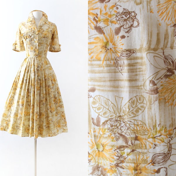 Vintage 1950s 50s Dress | golden yellow moth novelty print cotton shirt dress | medium med m 28 waistg