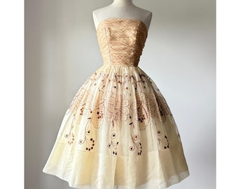 Vintage 1950s Gingham Organza Strapless Party Wedding Dress XS