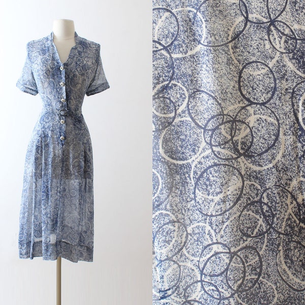Vintage 1940s 40s Dress | blue white rings Town & Cottage semi sheer cotton dress | l/xl large lg l