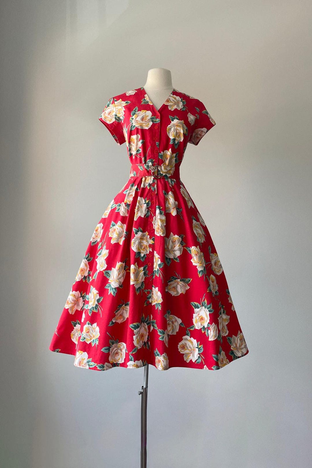1950s Rose Print Belted Dress | XS