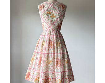 Vintage 1960s Whimsical Floral Grid Summer Dress by Beaumart SMALL S