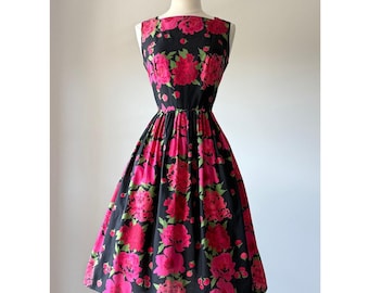 Vintage 1960s Black Fuchsia Pink Rose Print Cotton Floral Dress  XS