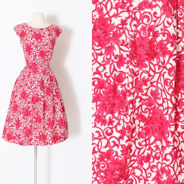Vintage 1950s 50s Dress | red white floral print cotton dress by Korell | medium med m