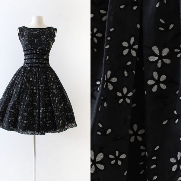 Vintage 1950s 50s Dress | black flocked floral velvet trim cocktail dress | xs/s small sm s