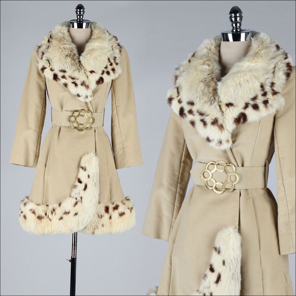 vintage 1960s coat . leopard print rabbit fur . honeycomb belt . 3963