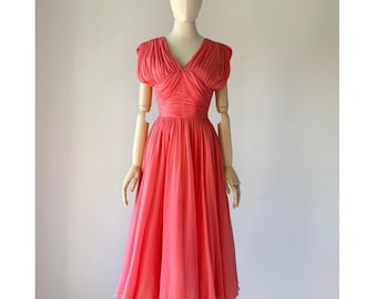 Vintage 1950s Dress Coral Silk Crepe Cocktail Party Dress by Frank Starr XS