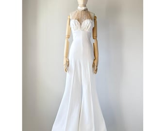 Vintage 1970s White Beaded Frederick's of Hollywood Halter Bridal Jumpsuit SMALL