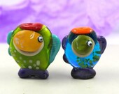 Lampwork beads fish beads , Murano glass , green blue 35 mm flamework hand blown sra ocean life bead set of two