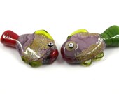 RESERVED Lampwork beads fish beads , purple green red Murano glass , green yellow 30 mm flamework hand blown sra ocean life bead set of two