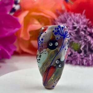 Two Bird Lampwork Glass Focal Bead – Handmade SRA Artisan Pendant – Blue Dandelion & Avian Design
