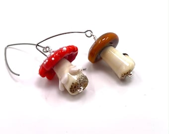 Earrings- mushrooms- fly agaric and stone mushroom. Asymmetrical earrings, fancy earrings, nature inspired, glass earrings