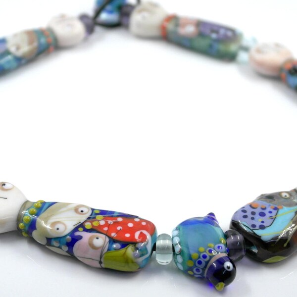 Rainbow color Murano Glass necklace multicolored people and bird necklace Artist made sra ooak necklace