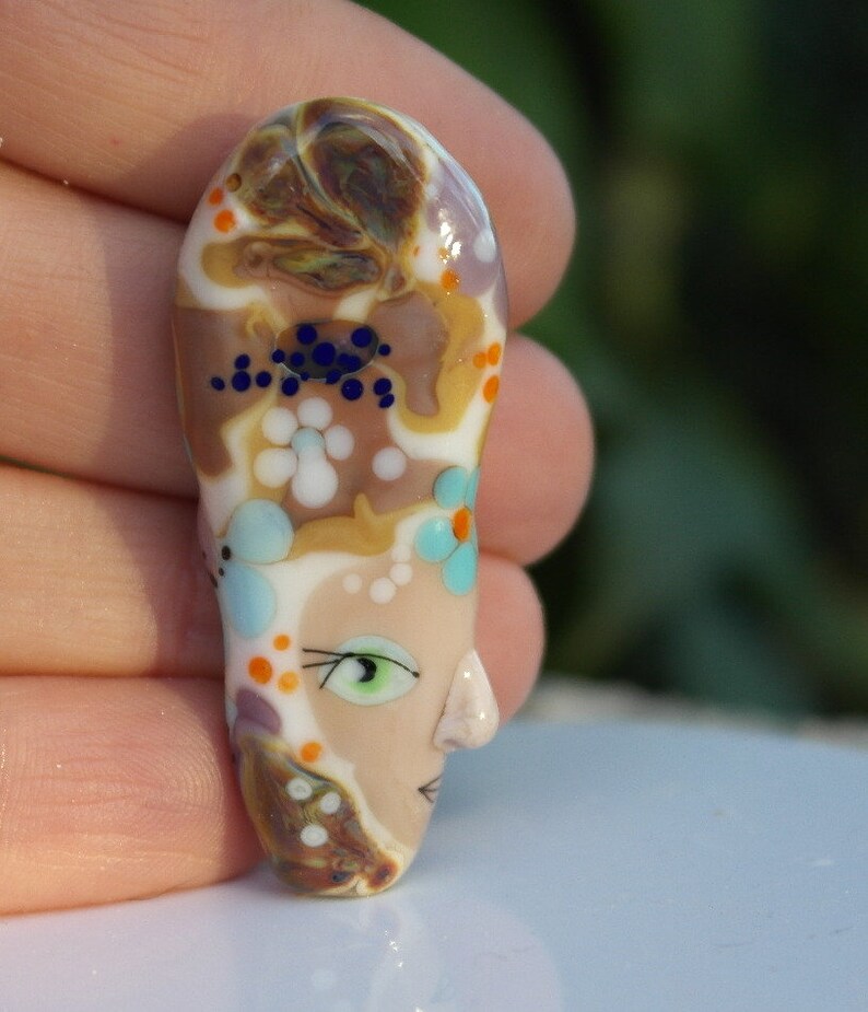Murano glass bead face bead lampwork focal glass bead face bead Picasso style SRA flower bead nature borwn art bead OOAK