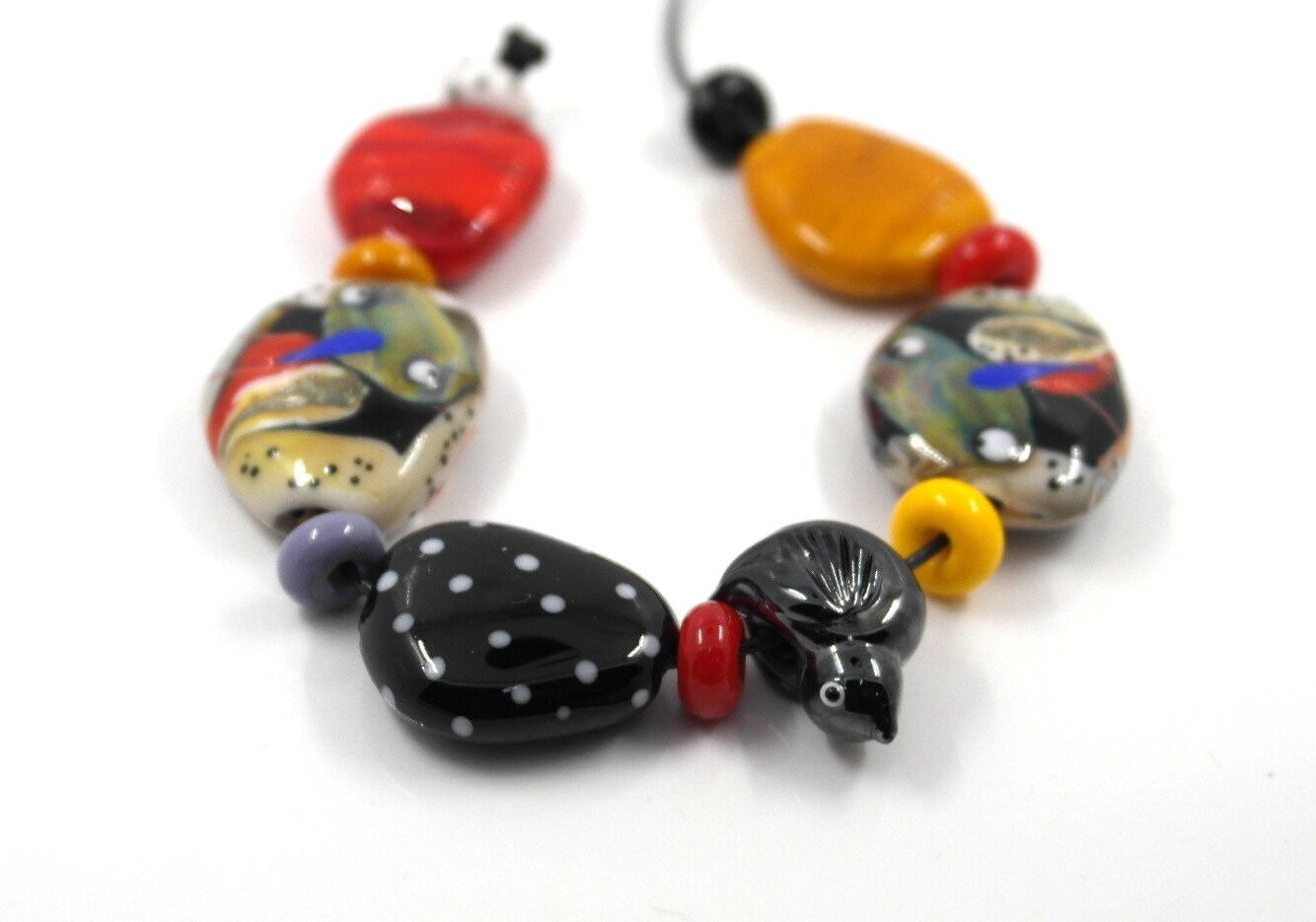 Bead set with birds owls , colorful whimsical art  bead handblown lampwork glass beads  ooak artist