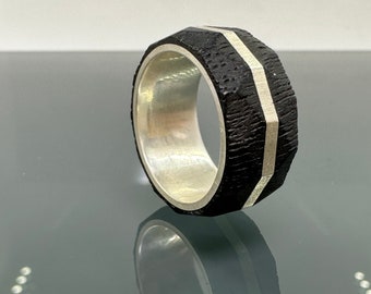 Bog oak ring with SILVER lining, wooden ring, black fidget ring, SILVER ring,