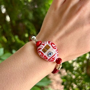 Face Bead Bracelet, Red Suede Leather Bracelet, Lampwork Glass Jewelry, Adjustable OOAK Statement Piece