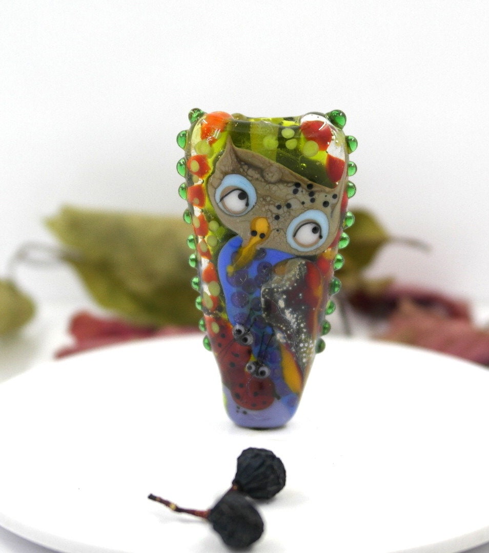 Lampwork glass beads with owl , artisan focal pendant bead , bird glass bead , sra ooak