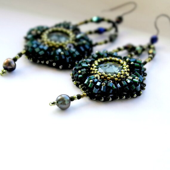 Items similar to Green earrings bead embroidered olive green flower