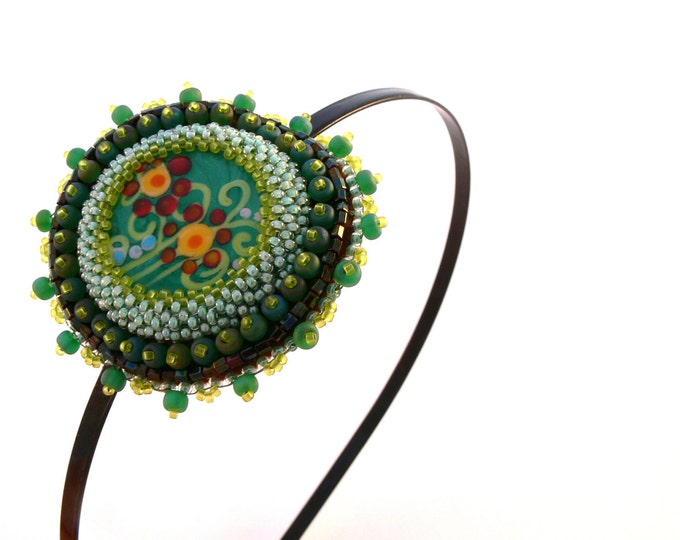 Bead Embroidered Headband Flower Headband. Green Headband. Etsy