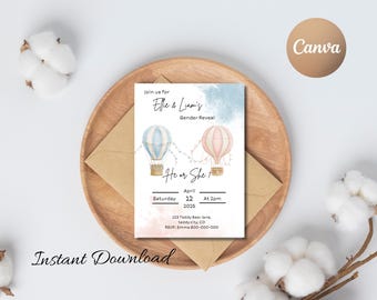 Pastel Air Balloon Gender Reveal Invitation