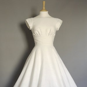 Ivory Linen 1950s Style Wedding Dress with Boat neck & Circle Skirt - Made by Dig For Victory
