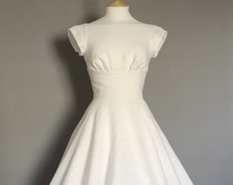 Ivory Linen 1950s Style Wedding Dress with Boat neck & Circle Skirt - Made by Dig For Victory