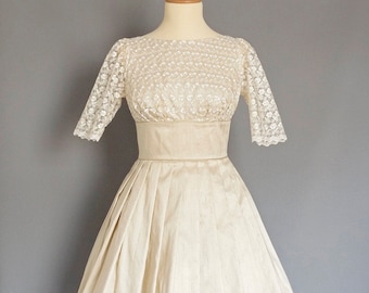 Audrey Wedding Dress in Champagne Silk & Ivory Lace with Gold Sparkly Piping - Made by Dig For Victory