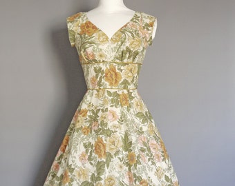 Vintage Blush Floral Cotton Sweetheart Tea Dress with Cap Sleeves & Tea Length Flared Skirt  - Made by Dig For Victory