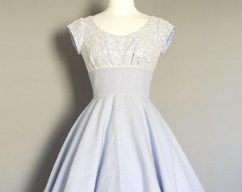 Lavender Linen & Ivory Lace Scoop Neck Swing Dress -Circle Skirt - Made by Dig For Victory