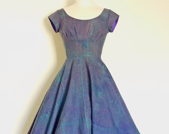 Purple Zig Zag Block Print Cotton Scoop Neck Swing Dress with Cap Sleeves and Circle Skirt - Made by Dig For Victory