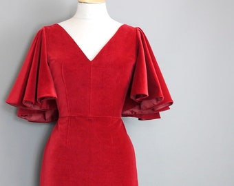 UK Size 12 Raspberry Red Cotton Velvet Harlow Midi Pencil Dress with Dramatic Butterfly Sleeves  - Made by Dig For Victory