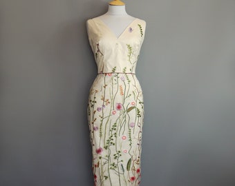 Lyra Wedding Dress in Botanical Lace and Champagne Silk - 1950s Pencil Dress - Made by Dig For Victory