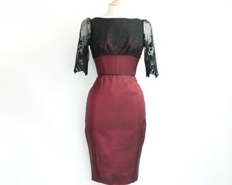Cranberry Taffeta and Black Meadow Lace Pencil Dress - 1950s Evening Dress - Made by Dig For Victory